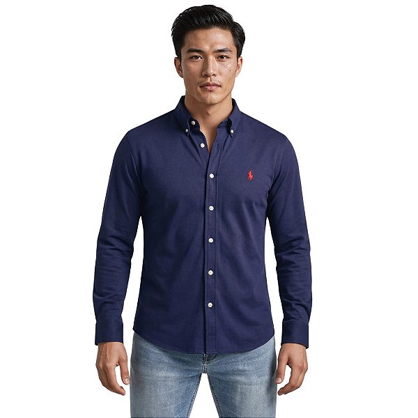 Camisa Ralph Lauren Manga Longa Linha Oxford Marinho Logo Clássico Vermelho