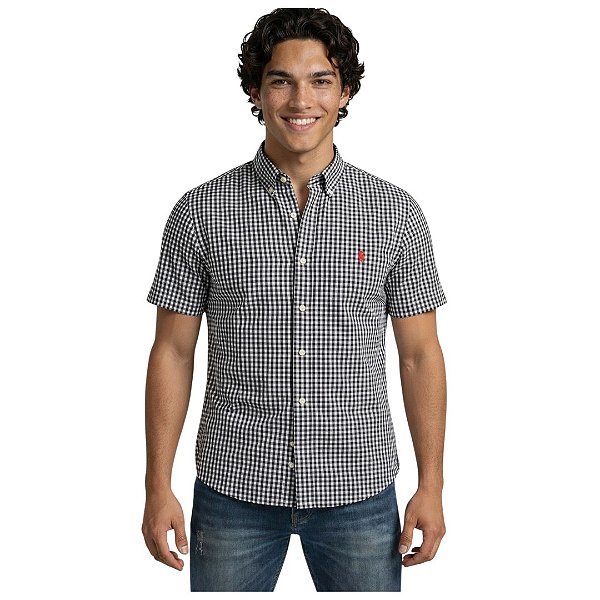 Camisa Ralph Lauren Xadrez Manga Curta Preto Logo Clássico Vermelho