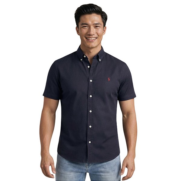 Camisa Ralph Lauren Manga Curta Linha Oxford Preto Logo Clássico Vermelho