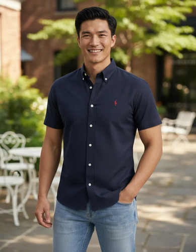 Camisa Ralph Lauren Manga Curta Linha Oxford Preto Logo Clássico Vermelho