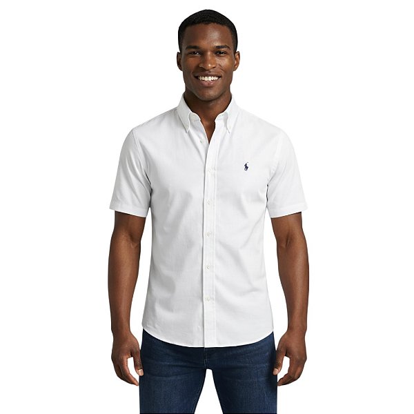 Camisa Ralph Lauren Manga Curta Linha Oxford Branco Logo Clássico Marinho