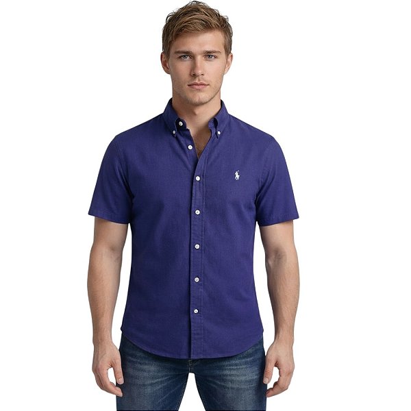 Camisa Ralph Lauren Manga Curta Linha Oxford Marinho Logo Clássico Branco