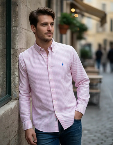 Camisa Ralph Lauren Listrado Clássico Manga Longa Rosa Claro Logo Clássico Celeste