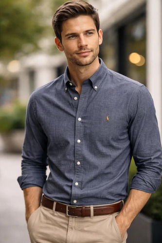 Camisa Ralph Lauren Manga Longa Oxford Tinturada Marinho Logo Colorido