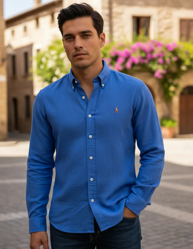 Camisa Ralph Lauren Manga Longa Oxford Tinturada Azul Logo Colorido