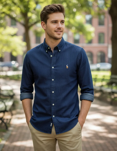 Camisa Ralph Lauren Manga Longa Oxford Tinturada Jeans Escuro Logo Colorido