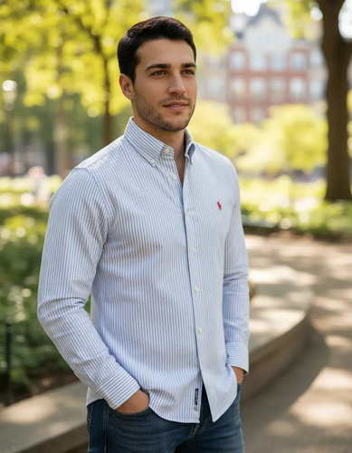 Camisa Ralph Lauren Listrado Manga Longa Azul Claro Logo Clássico Rosa