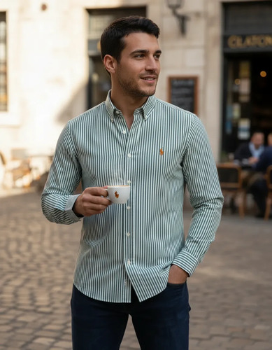Camisa Ralph Lauren Listrado Manga Longa Verde Logo Clássico Laranja