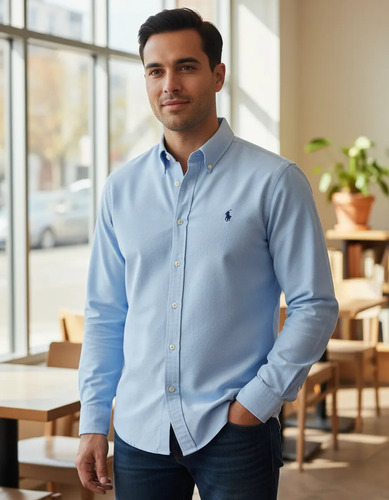 Camisa Social Ralph Lauren Tricoline Manga Longa Azul Claro Logo Clássico Marinho