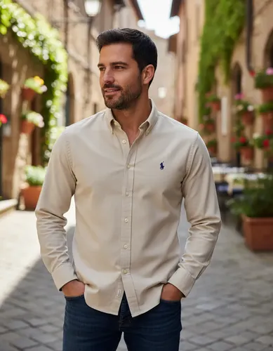 Camisa Social Ralph Lauren Tricoline Manga Longa Bege Logo Clássico Marinho