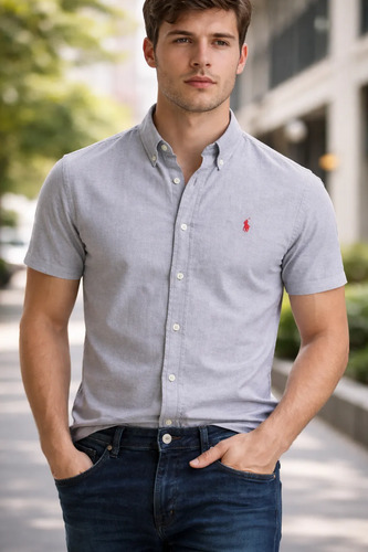 Camisa Ralph Lauren Manga Curta Linha Oxford Chumbo Logo Clássico Vermelho