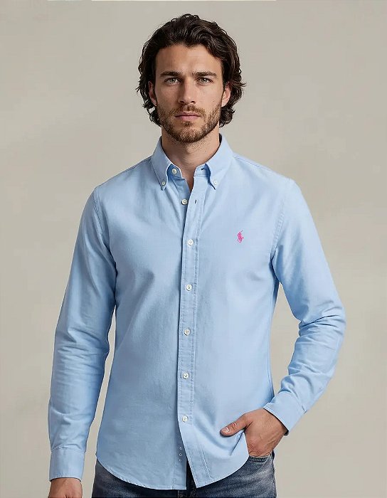 Camisa Ralph Lauren Oxford Manga Longa Azul Claro Logo Clássico Rosa
