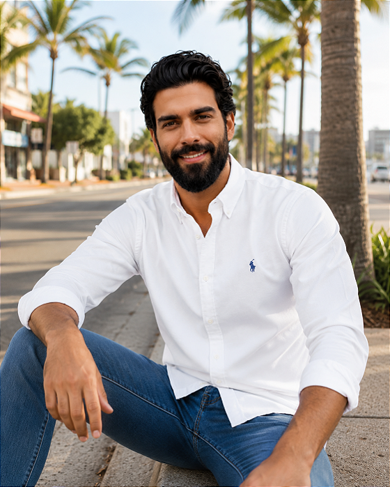 Camisa Ralph Lauren Oxford Manga Longa Branco Logo Clássico Marinho