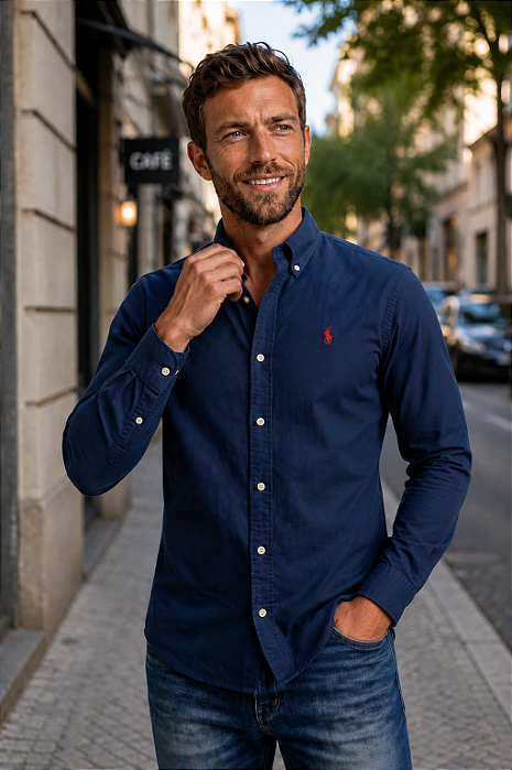 Camisa Ralph Lauren Oxford Manga Longa Marinho Logo Clássico Vermelho