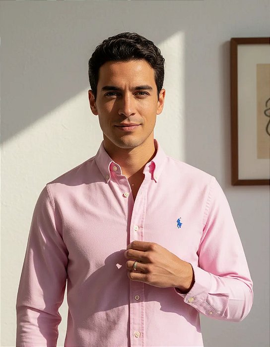 Camisa Ralph Lauren Oxford Manga Longa Rosa Claro Logo Clássico Celeste