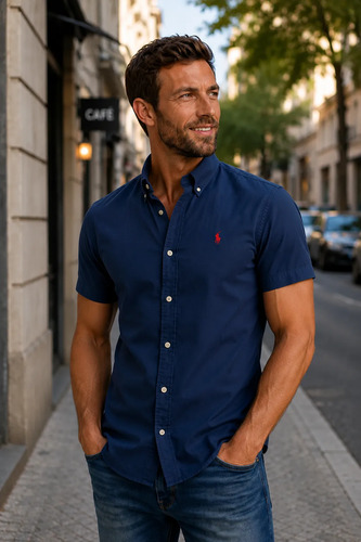 Camisa Ralph Lauren Oxford Manga Curta Marinho Logo Clássico Vermelho