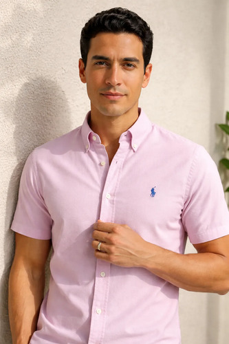 Camisa Ralph Lauren Oxford Manga Curta Rosa Claro Logo Clássico Celeste