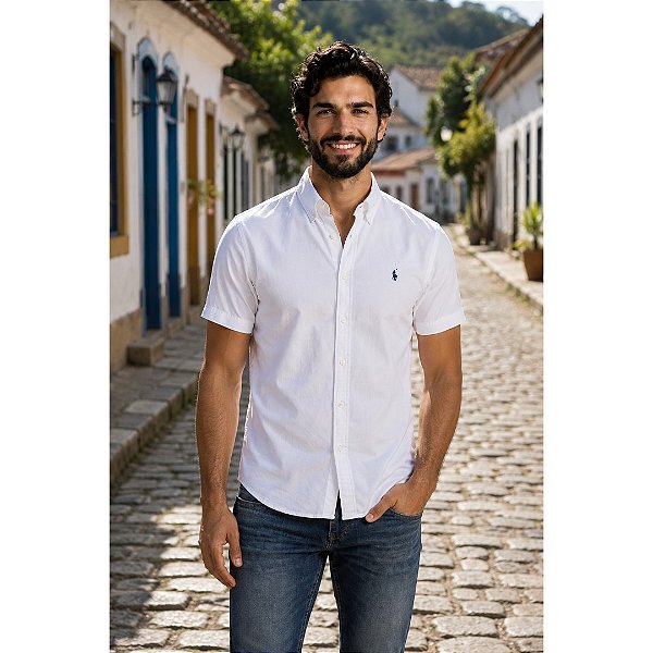 Camisa Ralph Lauren Oxford Manga Curta Branco Logo Clássico Marinho