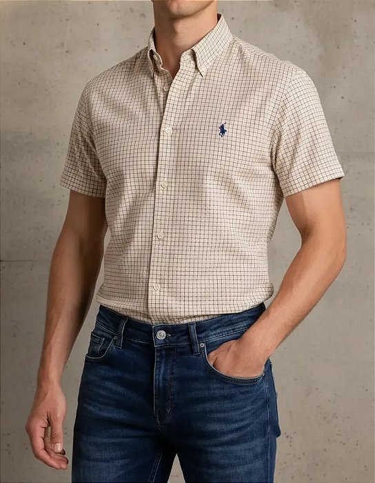 Camisa Ralph Lauren Quadriculada Manga Curta Bege Logo Clássico Marinho