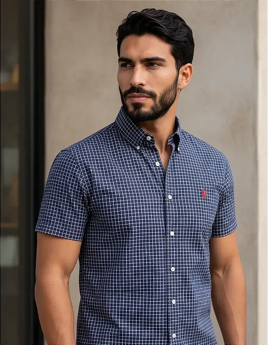 Camisa Ralph Lauren Quadriculada Manga Curta Azul Petroleo Logo Clássico Vermelho