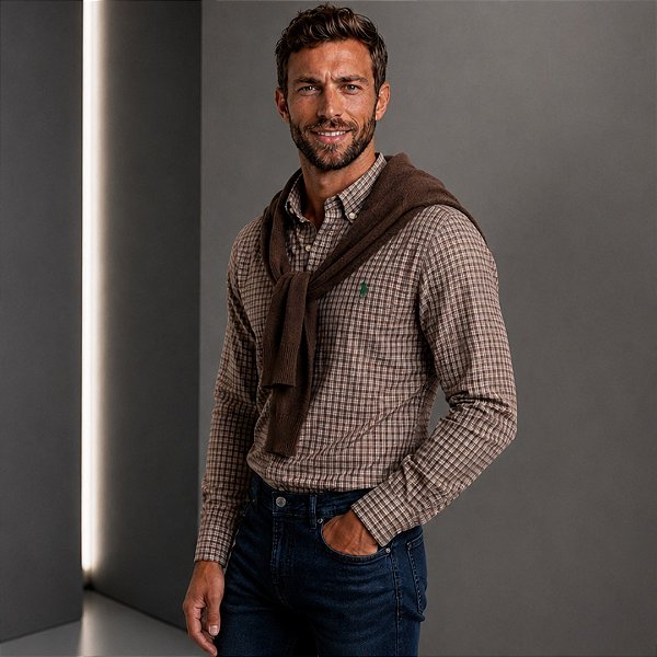 Camisa Ralph Lauren Xadrez Manga Curta Marrom Logo Clássico Verde
