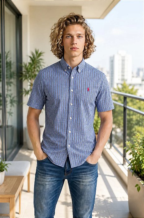 Camisa Ralph Lauren Xadrez Manga Curta Azul Claro Logo Clássico Rosa Pink