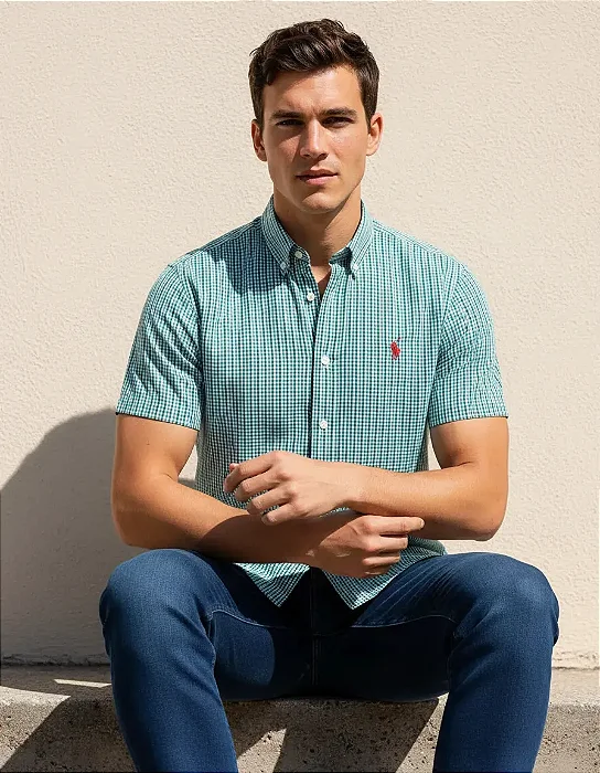 Camisa Ralph Lauren  Listrado Manga Curta Verde Logo Clássico Vermelho