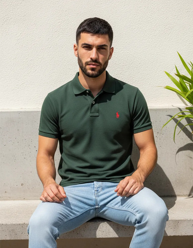 Polo Ralph Lauren Verde Musgo Logo Clássico Vermelho
