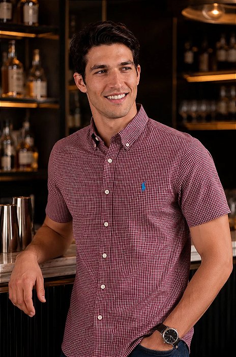 Camisa Ralph Lauren Xadrez Manga Curta Bordo Listra Branco Logo Clássico Celeste