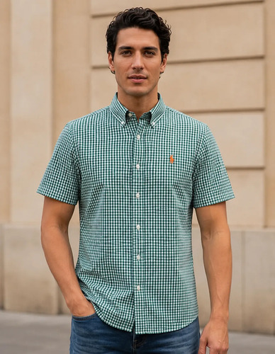 Camisa Ralph Lauren Manga Curta Xadrez Verde Logo Clássico Laranja