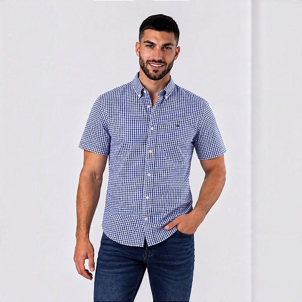 Camisa Tommy Hilfiger Manga Curta Oxford Xadrez Azul Royal Regular Fit