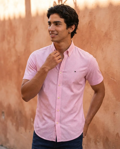 Camisa Tommy Hilfiger Manga Curta Oxford Xadrez Rosa Claro Regular Fit