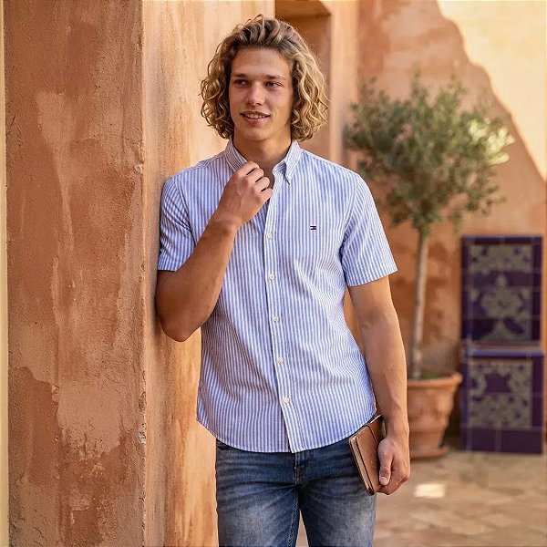 Camisa Tommy Hilfiger Manga Curta Oxford Listrado Azul Claro Regular Fit