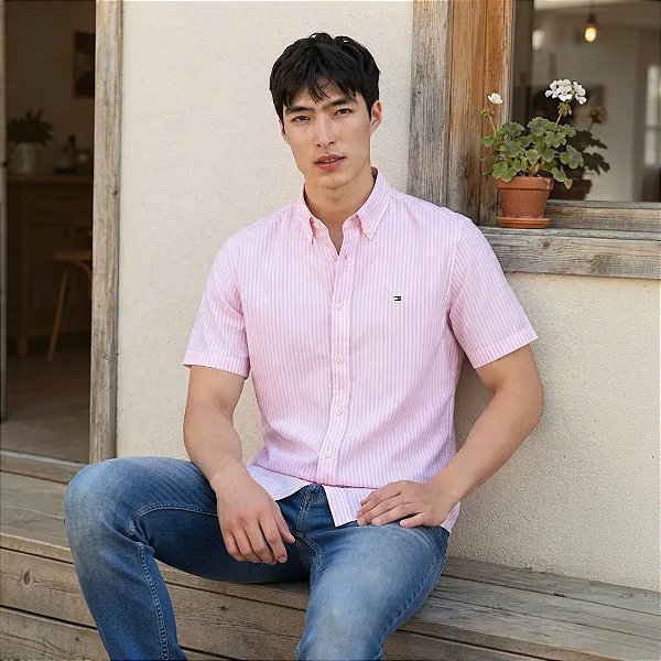 Camisa Tommy Hilfiger Manga Curta Oxford Listrado Rosa Claro Regular Fit