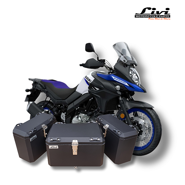 KIT BAÚS LATERAIS LIVI 35L + TOP CASE 50L SUZUKI V-STROM 650 COM SUPORTES TODOS OS ANOS !
