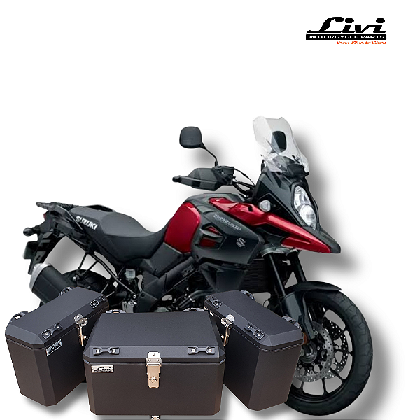 KIT BAÚS LATERAIS LIVI 35L + TOP CASE 50L SUZUKI V-STROM 1000 COM SUPORTES TODOS OS ANOS !
