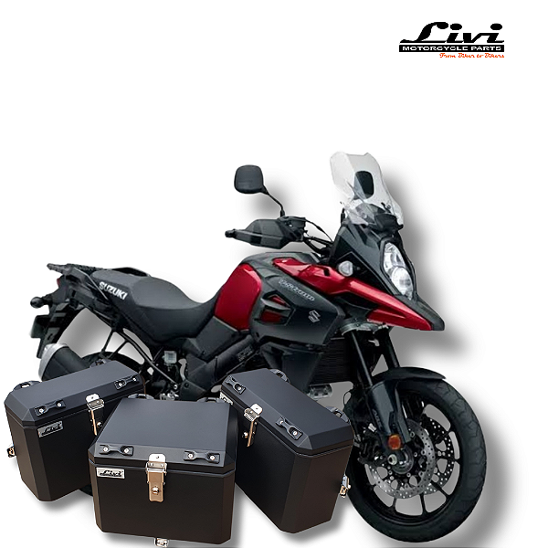 KIT BAÚS LATERAIS LIVI 35L + TOP CASE 43 L SUZUKI V-STROM 1000  COM SUPORTES - TODOS OS ANOS !