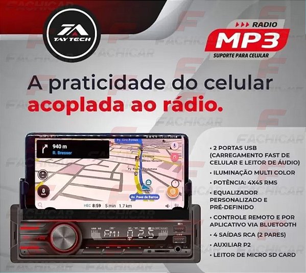RADIO MP3/USB/SD BLUETOOTH COM SUPORTE CELULAR TAY TECH