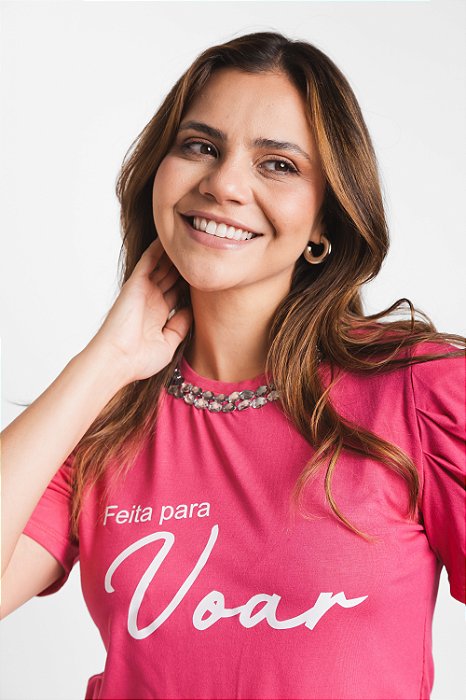T-SHIRT MANGA PRINCESA PEDRARIA "FEITA PARA VOAR" P AO G5 - PINK