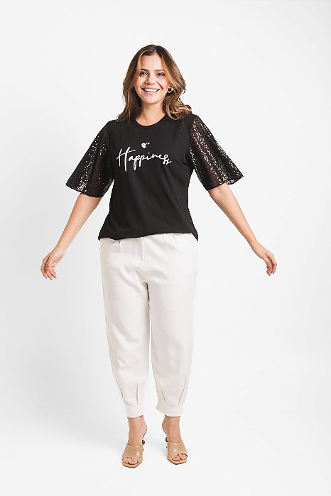 T-SHIRT MANGA GODÊ "HAPPINESS" P AO G5 - PRETA