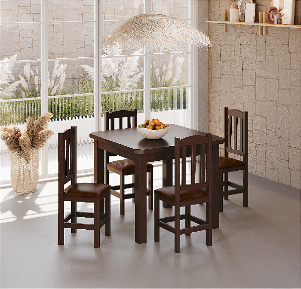 Conjunto Mesa De Madeira 88x88 Com 4 Cadeiras Estofadas Para Cozinha Sala De Jantar Sfa