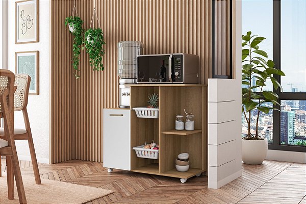 Balcão Fruteira Espaçoso Para Microondas Forno Com Prateleiras e Rodinhas Lc