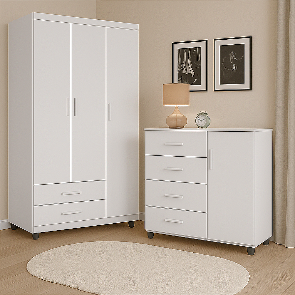 Conjunto Para Quarto Roupeiro + Cômoda Com 4 Gavetas Espaçosa