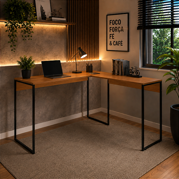 Mesa Em L Industrial Moderna Para Escritório Espaçosa Com Estrutura Metalica