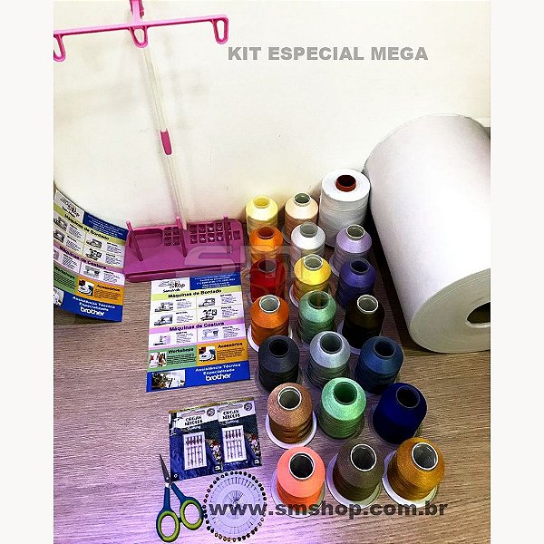 Kit Especial Mega com 20 Linhas, Agulhas, Entretela, Porta Cone e Bobinas