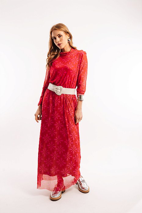 Vestido Tule Estampado Vermelho