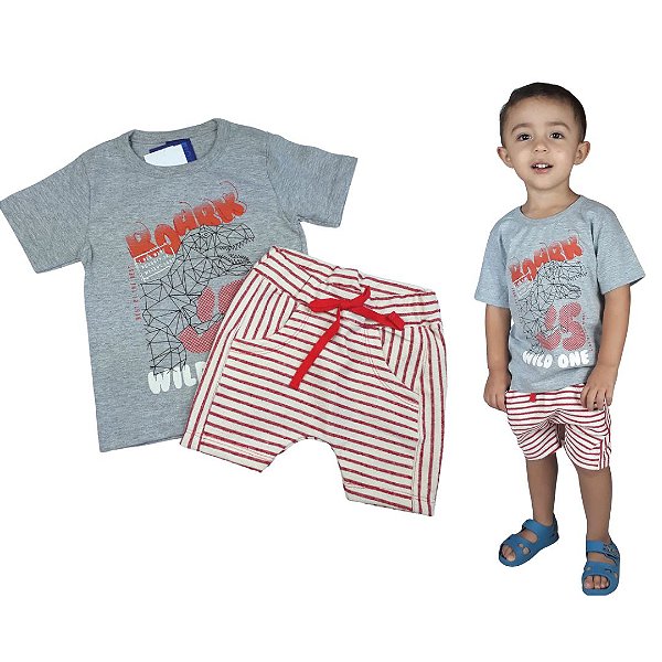 Conjunto Roupa de Bebê Infantil Calor Camiseta Bermuda Vermelho Dino