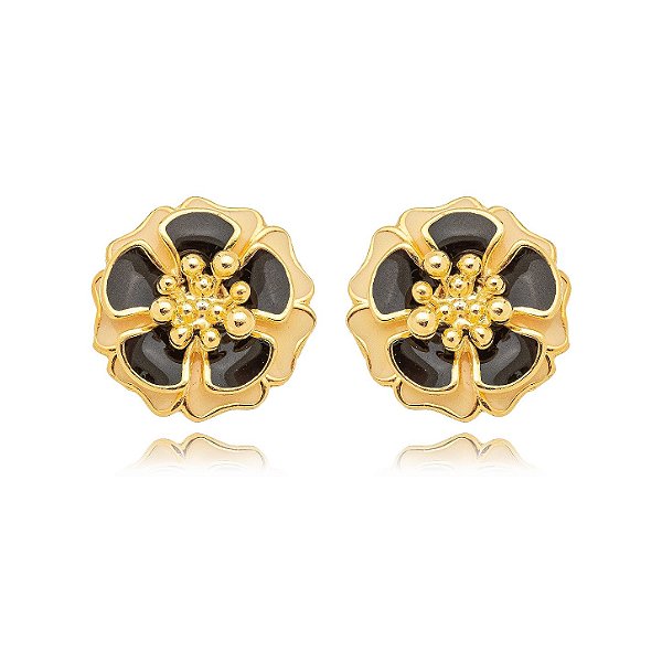 Brinco Flor Esmaltada Colors - Ouro cor Preta