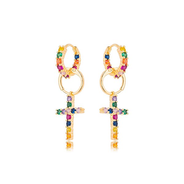 Brinco Religioso Argola Cruz Zircônia Color