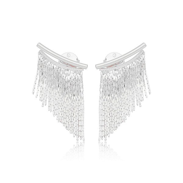 Brinco Semijoia Ear Jacket Franja - Ródio Branco